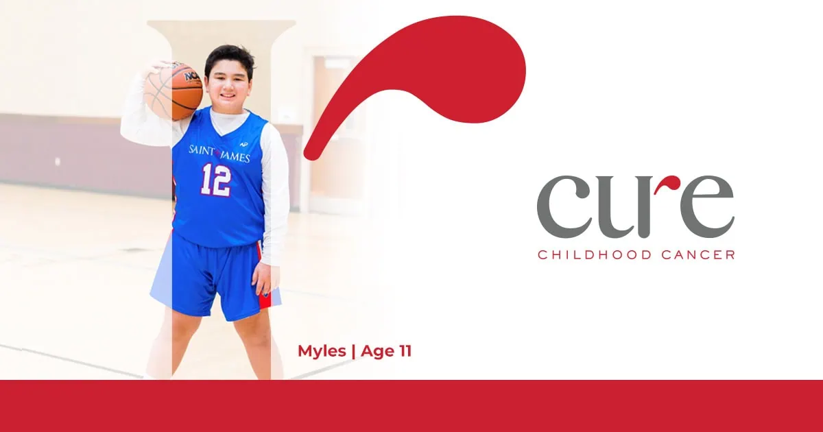 young boy named Myles in a gym holding a basketball, a happy recipient of personalized cancer medicine