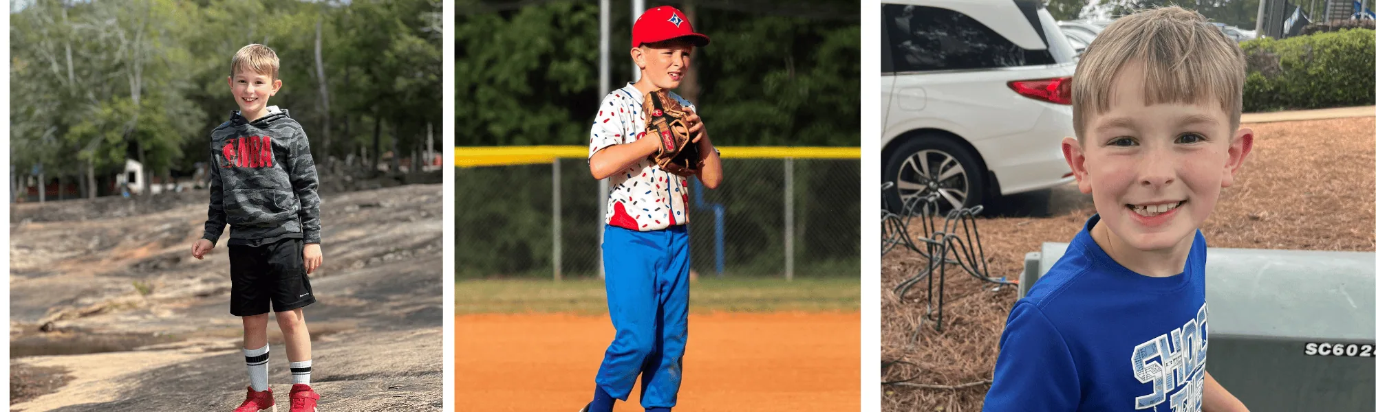 Young boy smiling on a baseball field during childhood cancer awareness event.